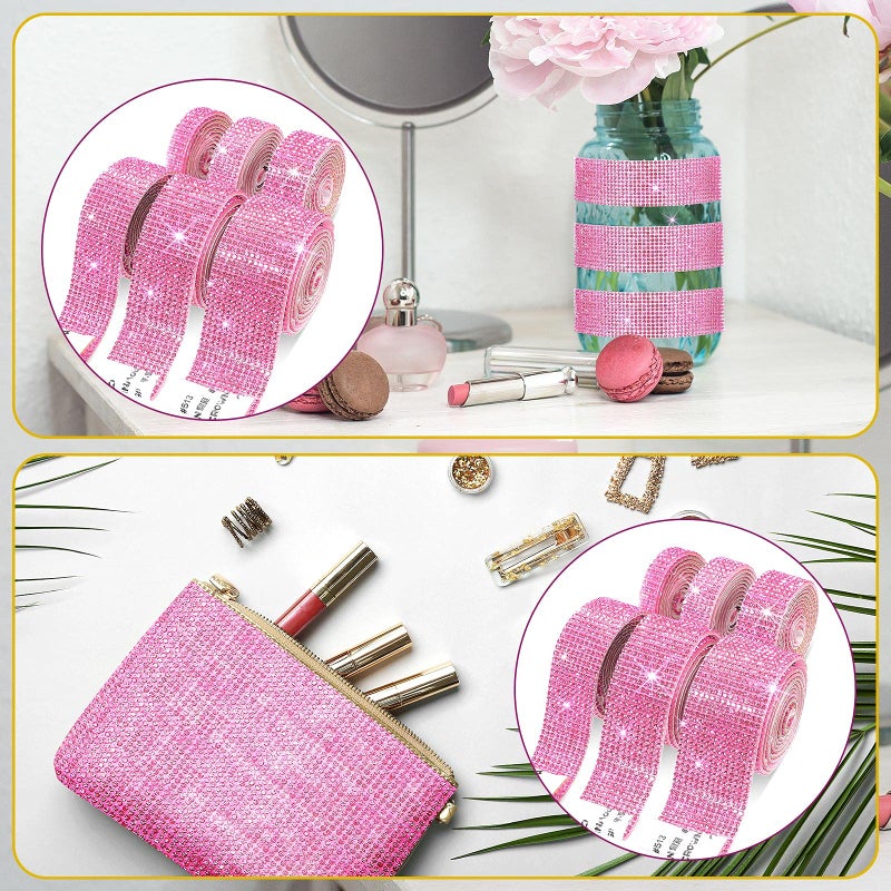 Outus 6 Rolls Self Adhesive Crystal Rhinestone Ribbon Diamond Bling Ribbons Wrap 6 Yards Mesh Glittering Sticker Roll for Arts Crafts Wedding Birthday DIY Event Car Phone Decoration (Pink) - Image 5